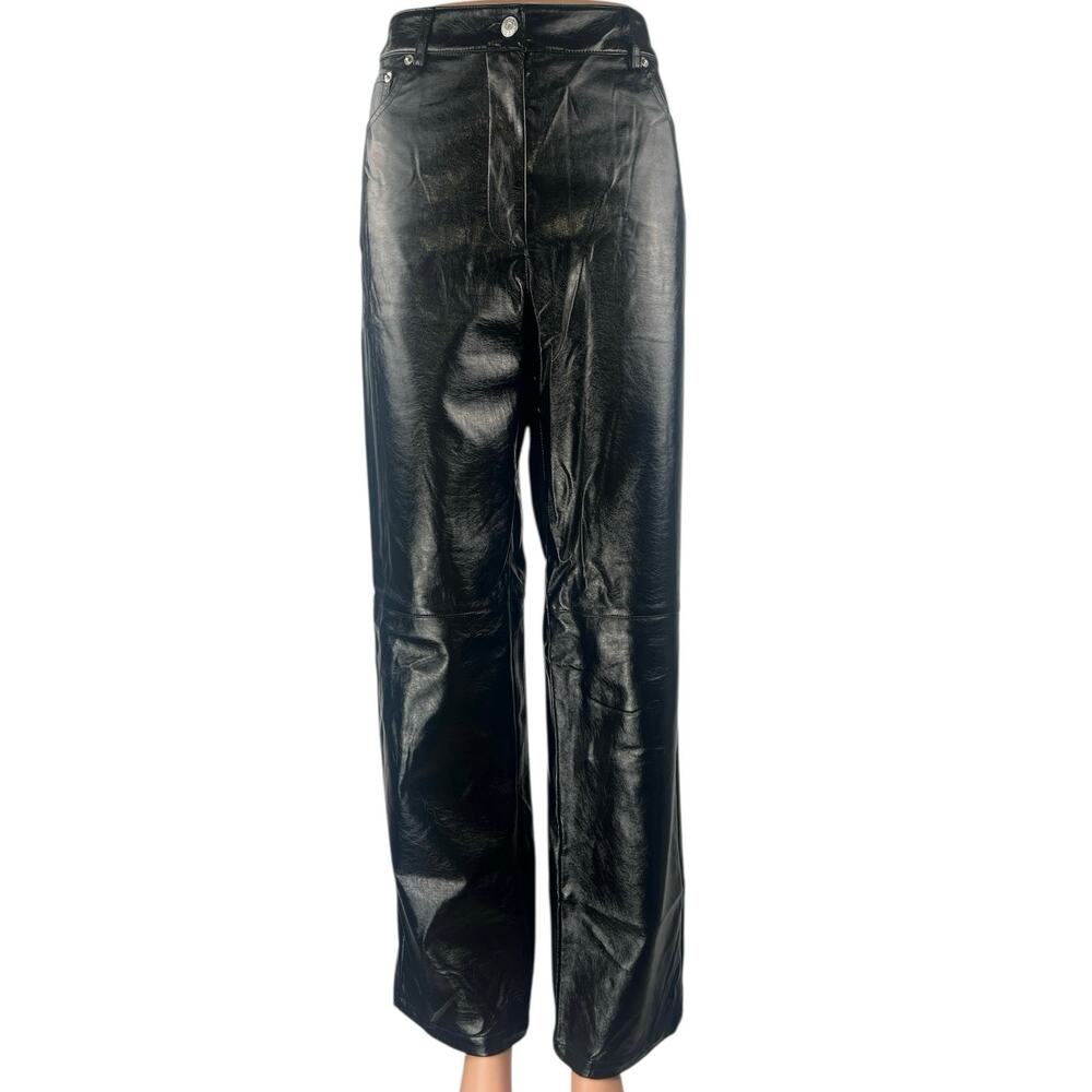 NA-KD Women's Black Faux Vegan Leather Wide Leg High Waisted Trousers Pants 38